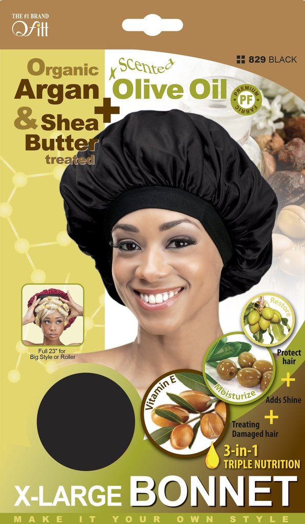 Qfitt Organic Argan & Shea Butter Olive Oil Scented X-Large Bonnet Black #829 - Beauty Bar & Supply